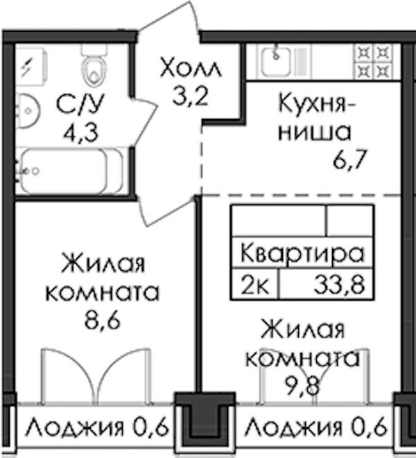 1-комнатная квартира 33.8 м², 8/9 эт., ЖК «Лермонтовский 54»